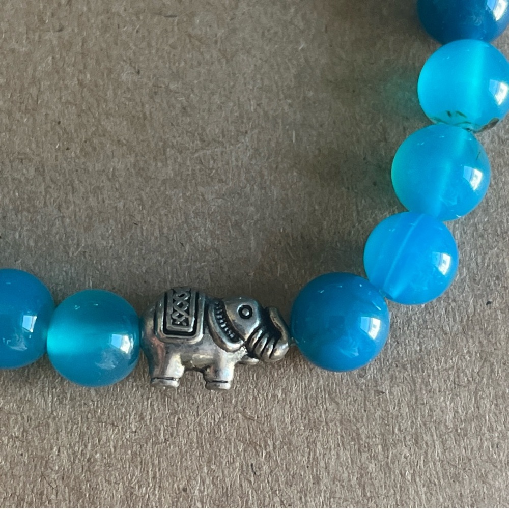 Blue agate Beaded Bracelet with silver Elephant Charm